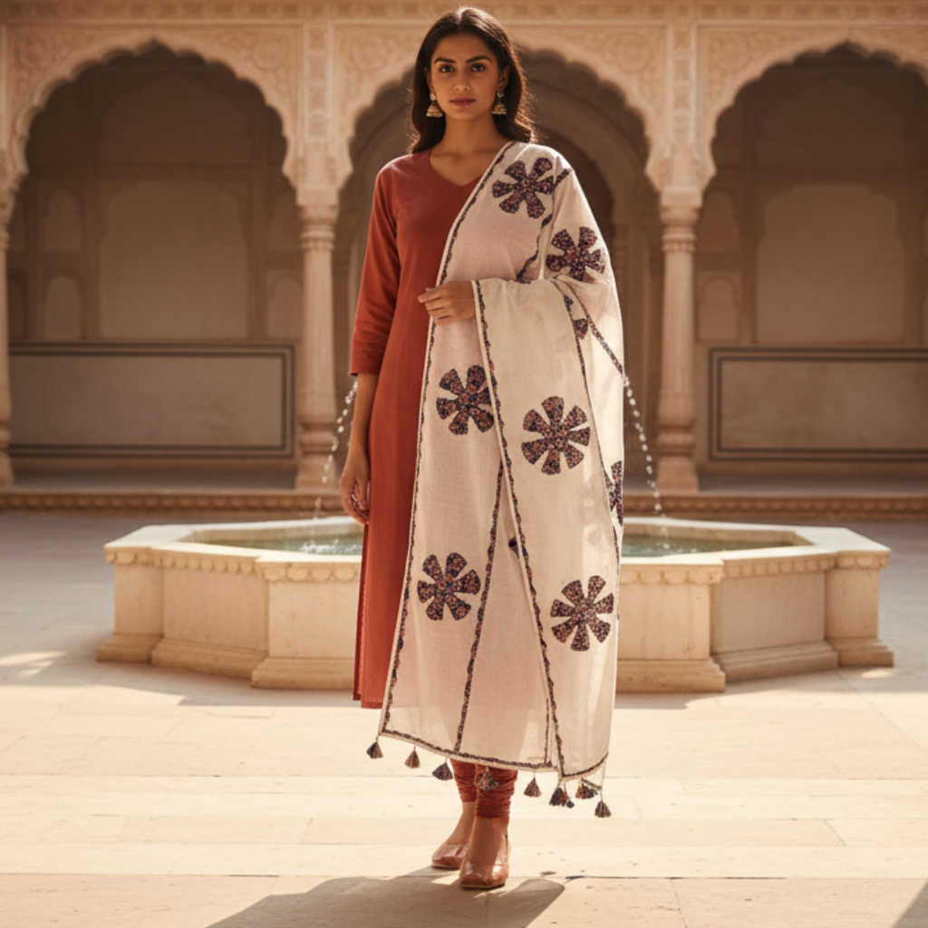 Woman in a white traditional outfit with an applique patchwork dupatta standing in front of a marble fountain.