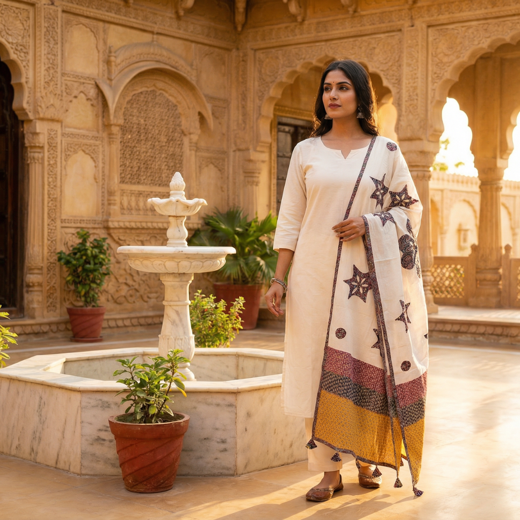 Woman in a white traditional outfit with an applique patchwork dupatta standing in front of a marble fountain.