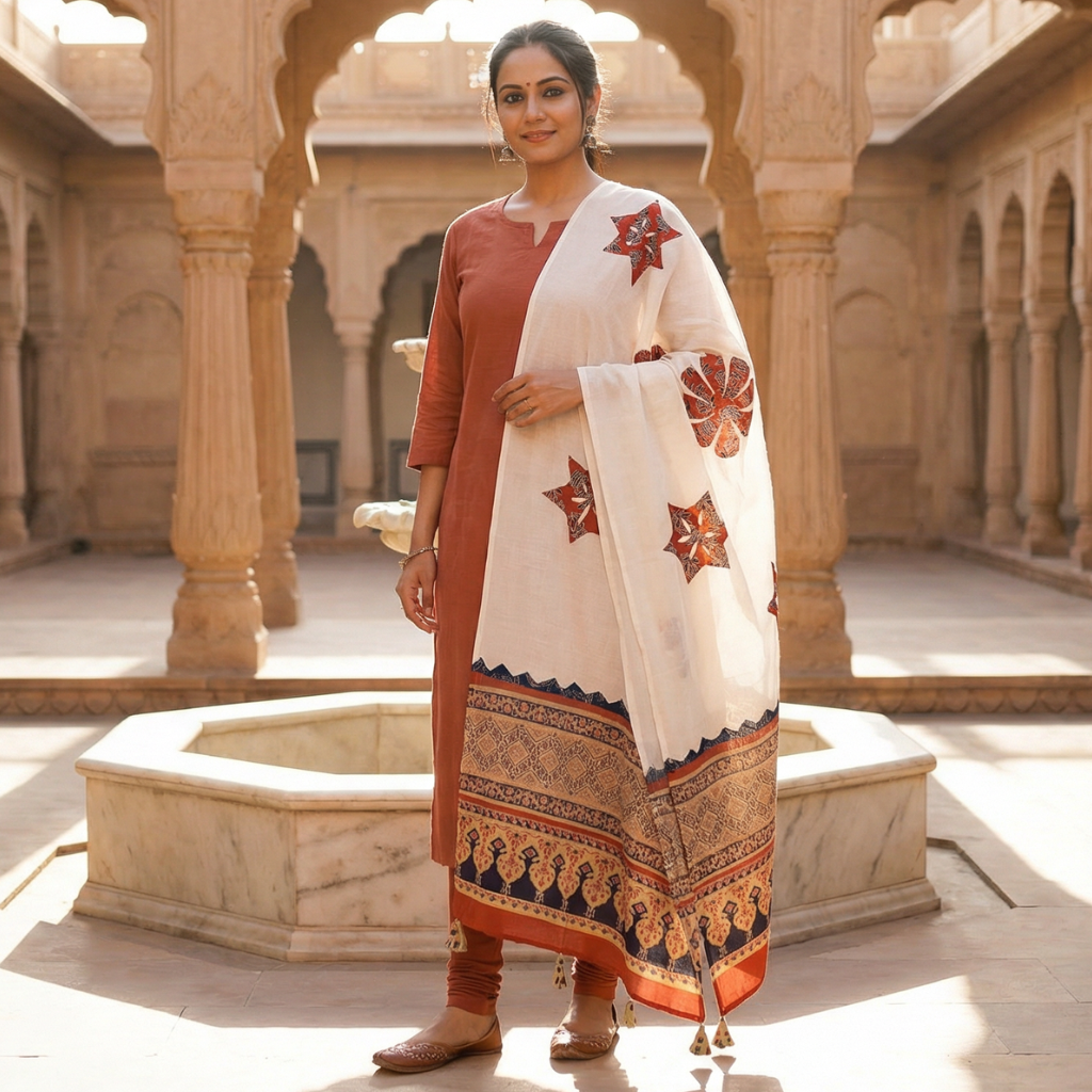 Woman in a white traditional outfit with an applique patchwork dupatta standing in front of a marble fountain.