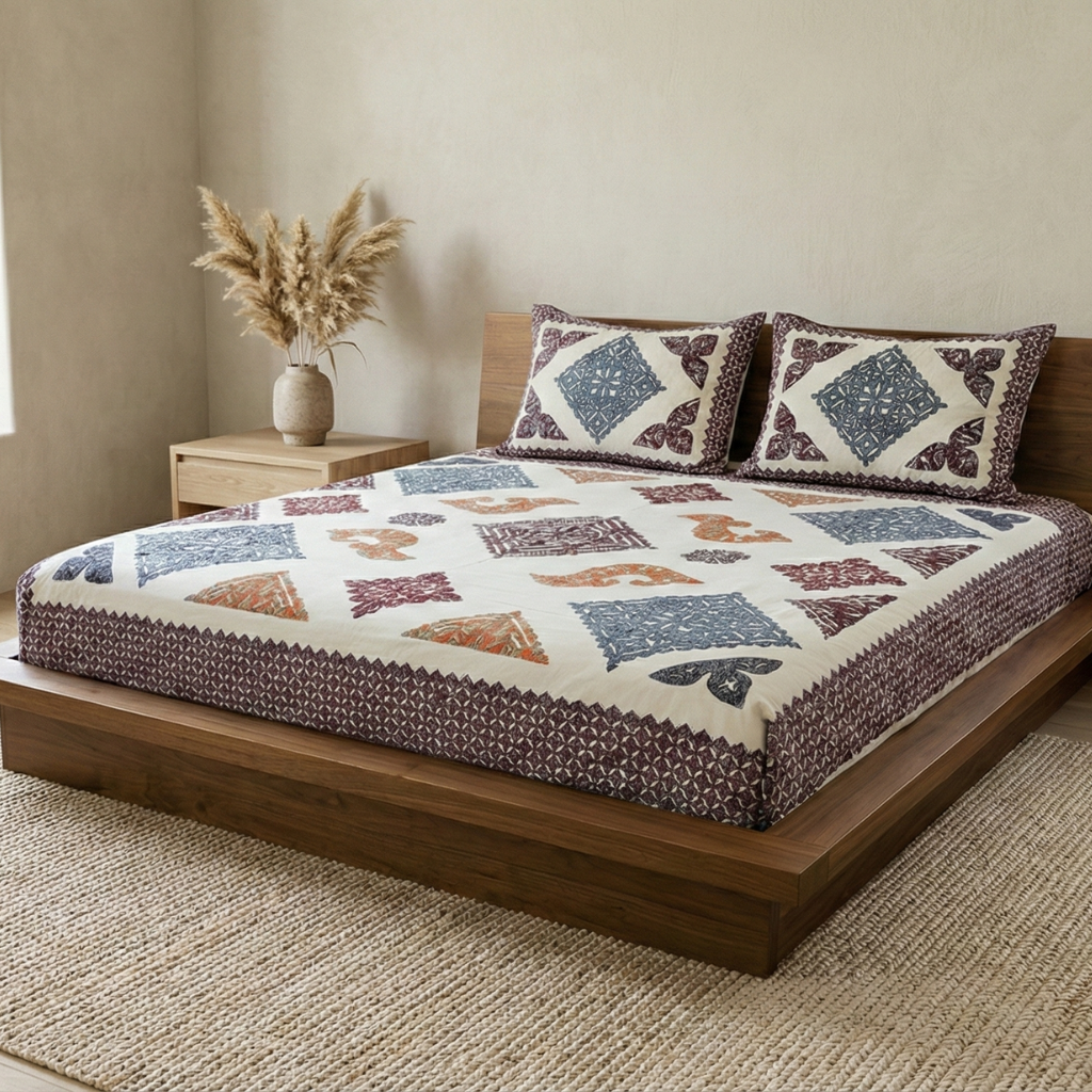 Bed with patterned bedding and pillows in a bedroom setting