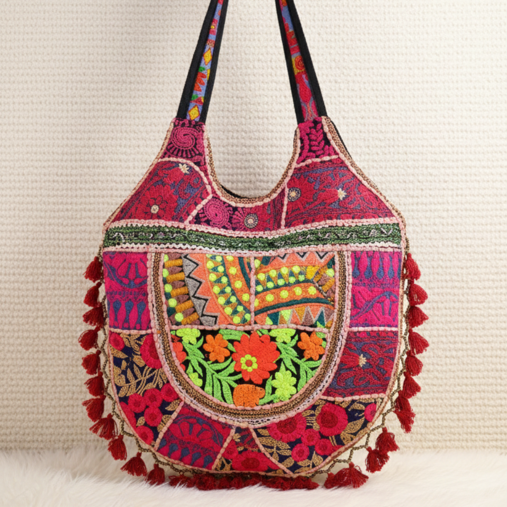 Colorful embroidered pink tote bag with tassels on a light background