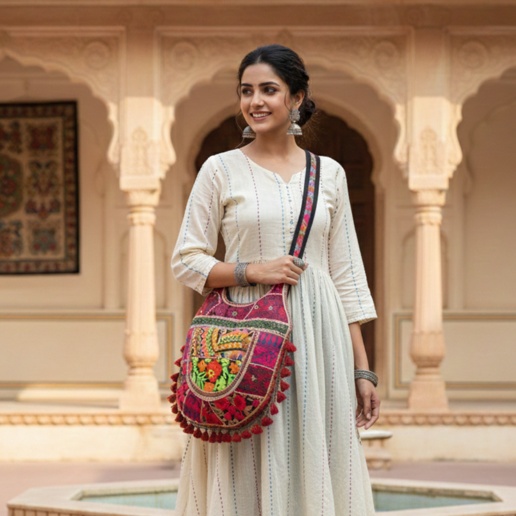 Woman holding a colorful embroidered hot pink bag in an architectural setting