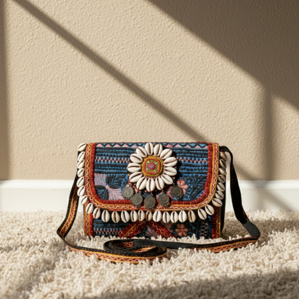 Colorful embroidered handbag with floral design on a textured surface