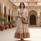 Woman in a floral dress holding a colorful bag in an ornate courtyard.