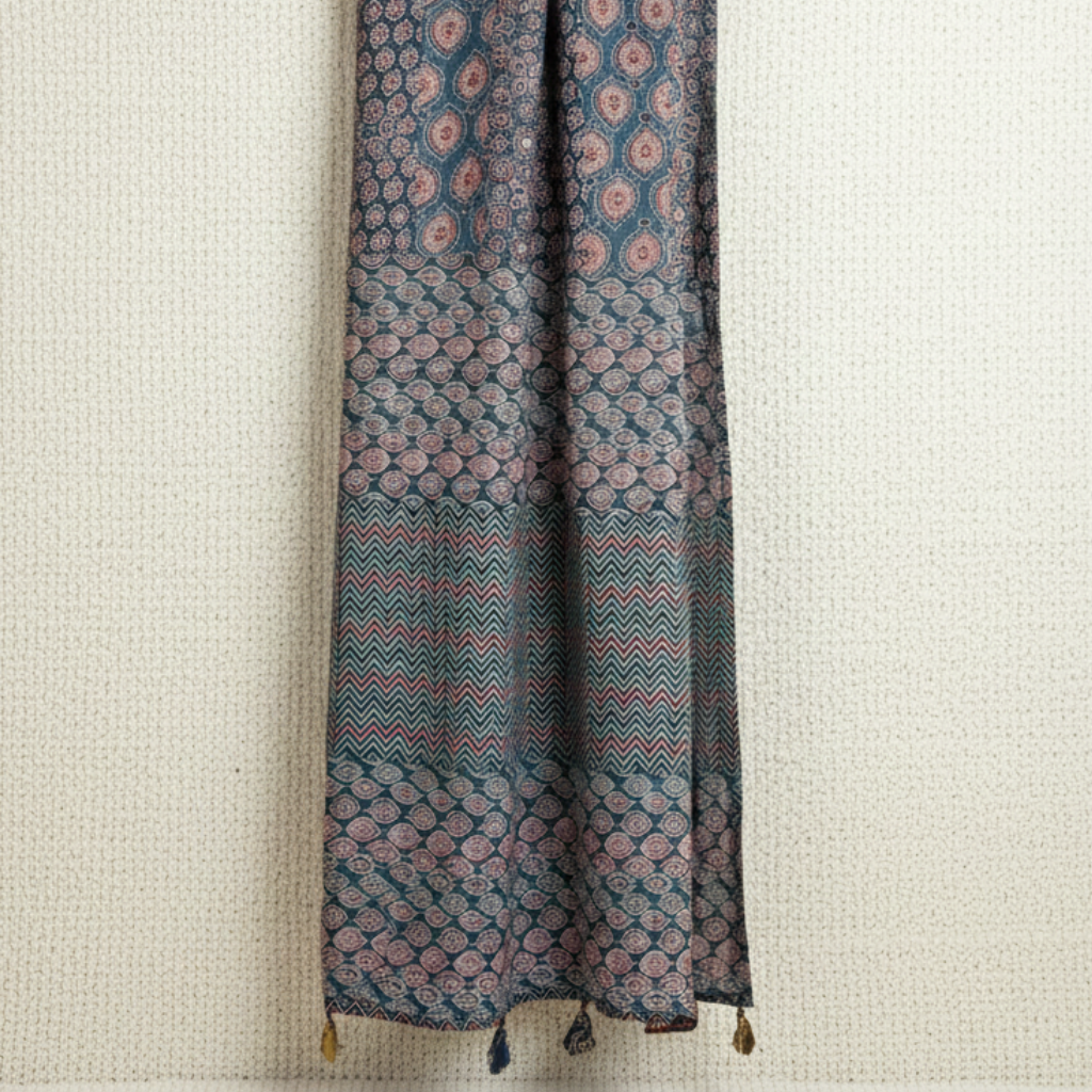 blue ajrakh dupatta with tassels on a textured white background