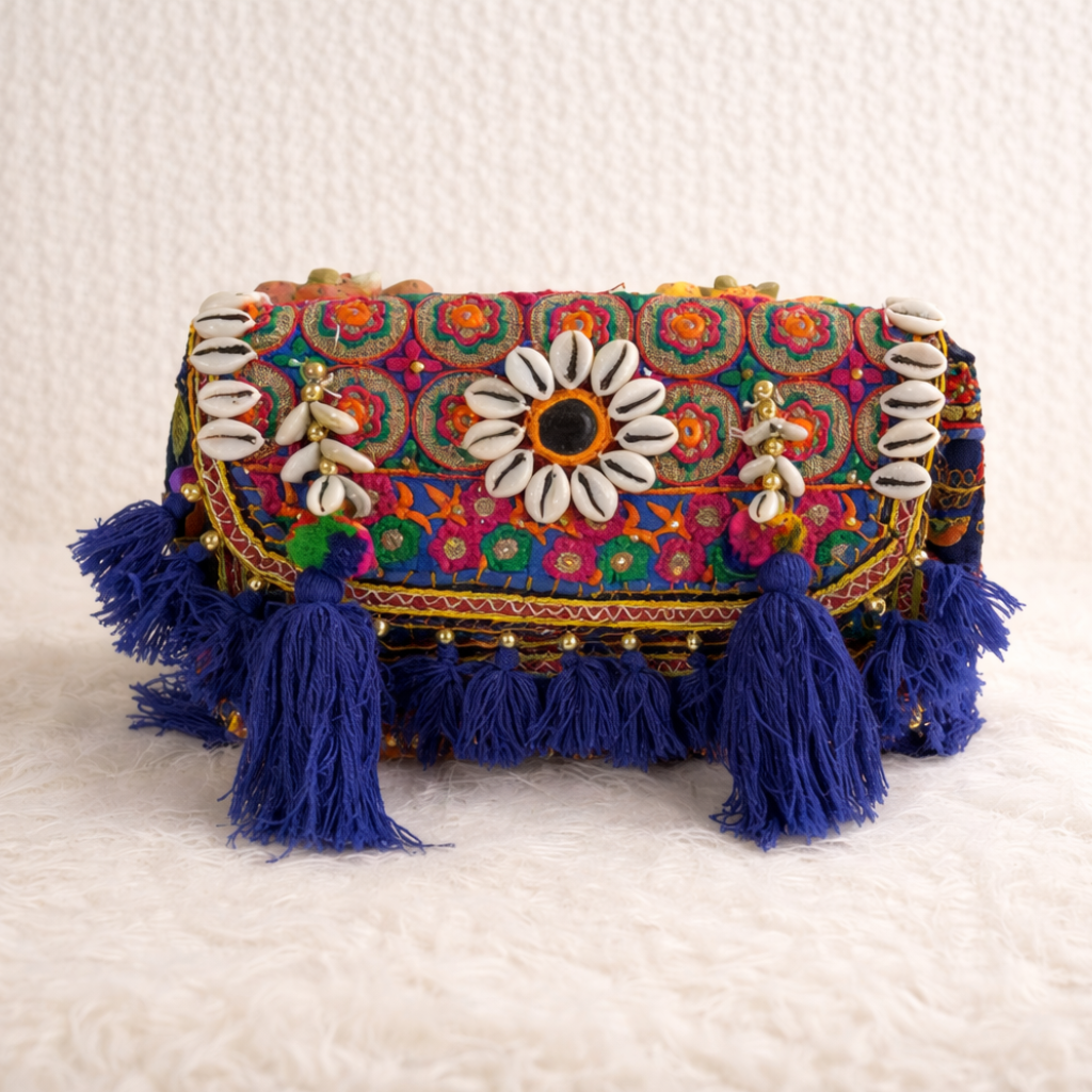 blue embroidered rajasthani bag