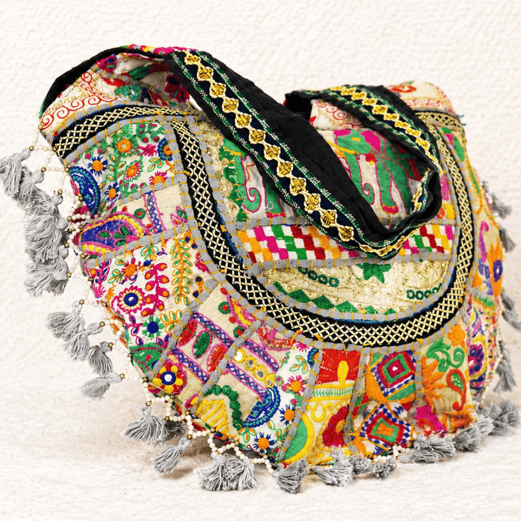 Ivory Elephant Motifs Embroidered Tote Bag