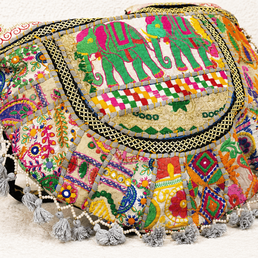 close up of Ivory Elephant Motifs Embroidered Tote Bag