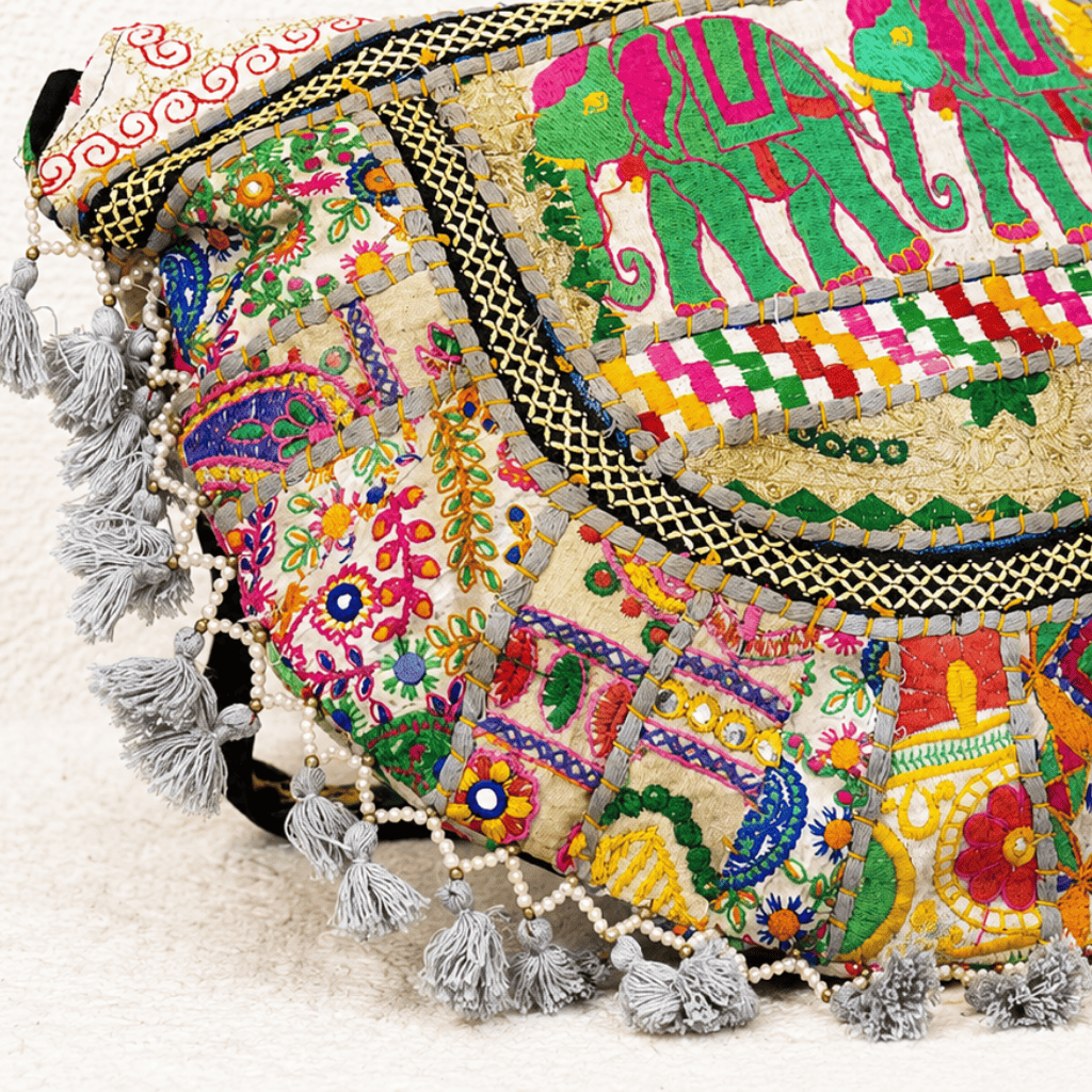 close up of Ivory Elephant Motifs Embroidered Tote Bag