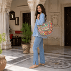 a girl in blue jeans and top carrying an elephant motifs embroidered tote bag