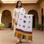 woman wearing a white suit set with an applique dupatta