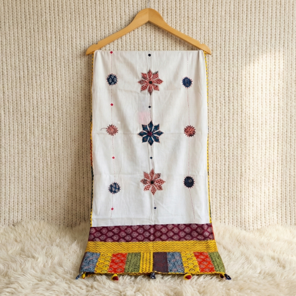 floral applique work dupatta on a hanger on a beige backgroud