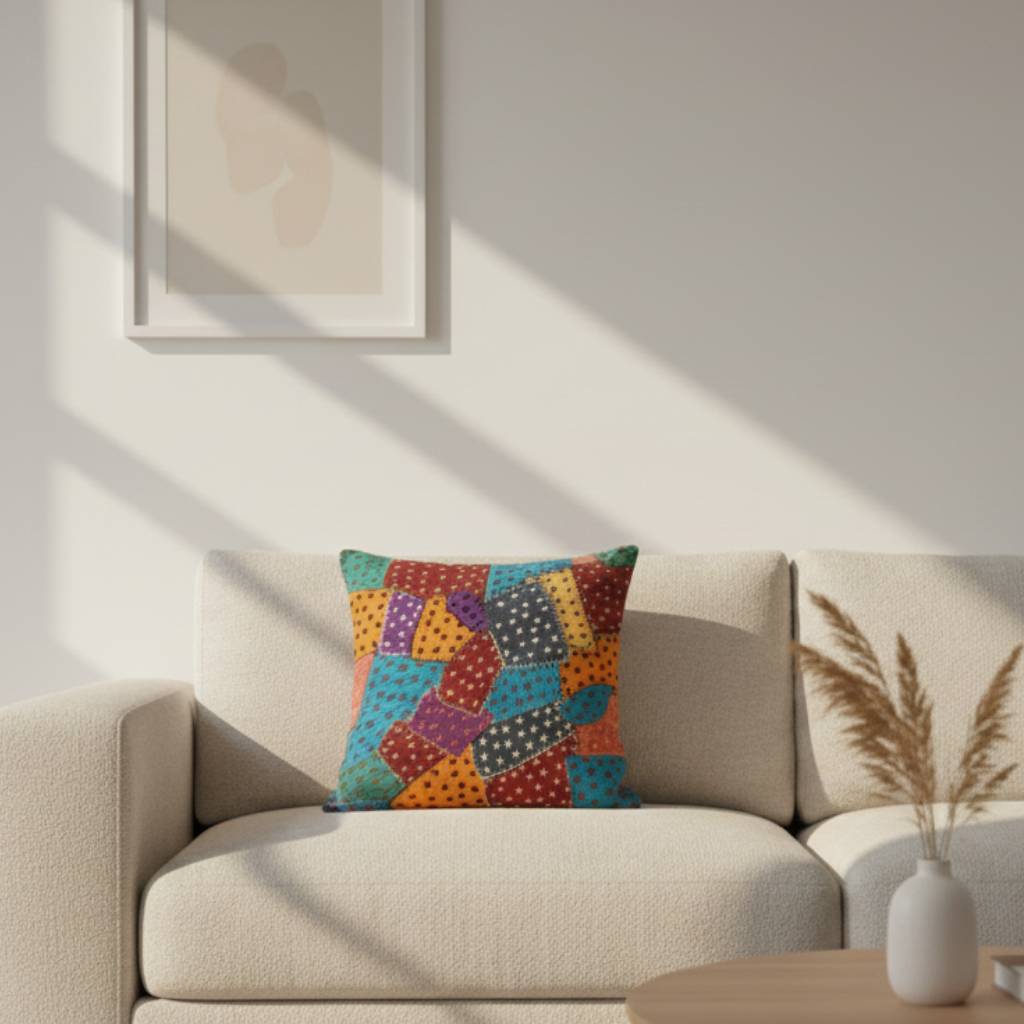 Colorful geometric-patterned applique cushion cover on a beige sofa with a neutral wall and framed picture in the background.
