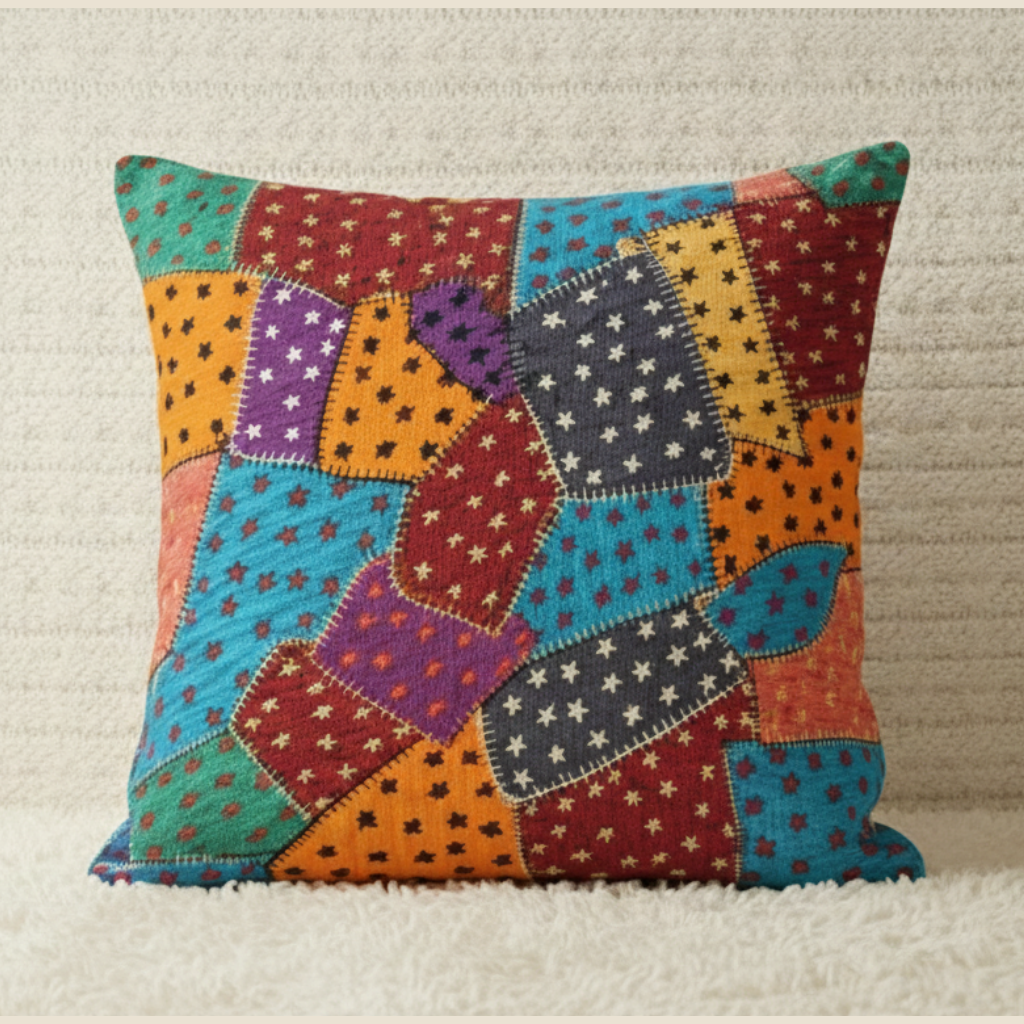 Colorful patchwork cushion cover on a textured surface