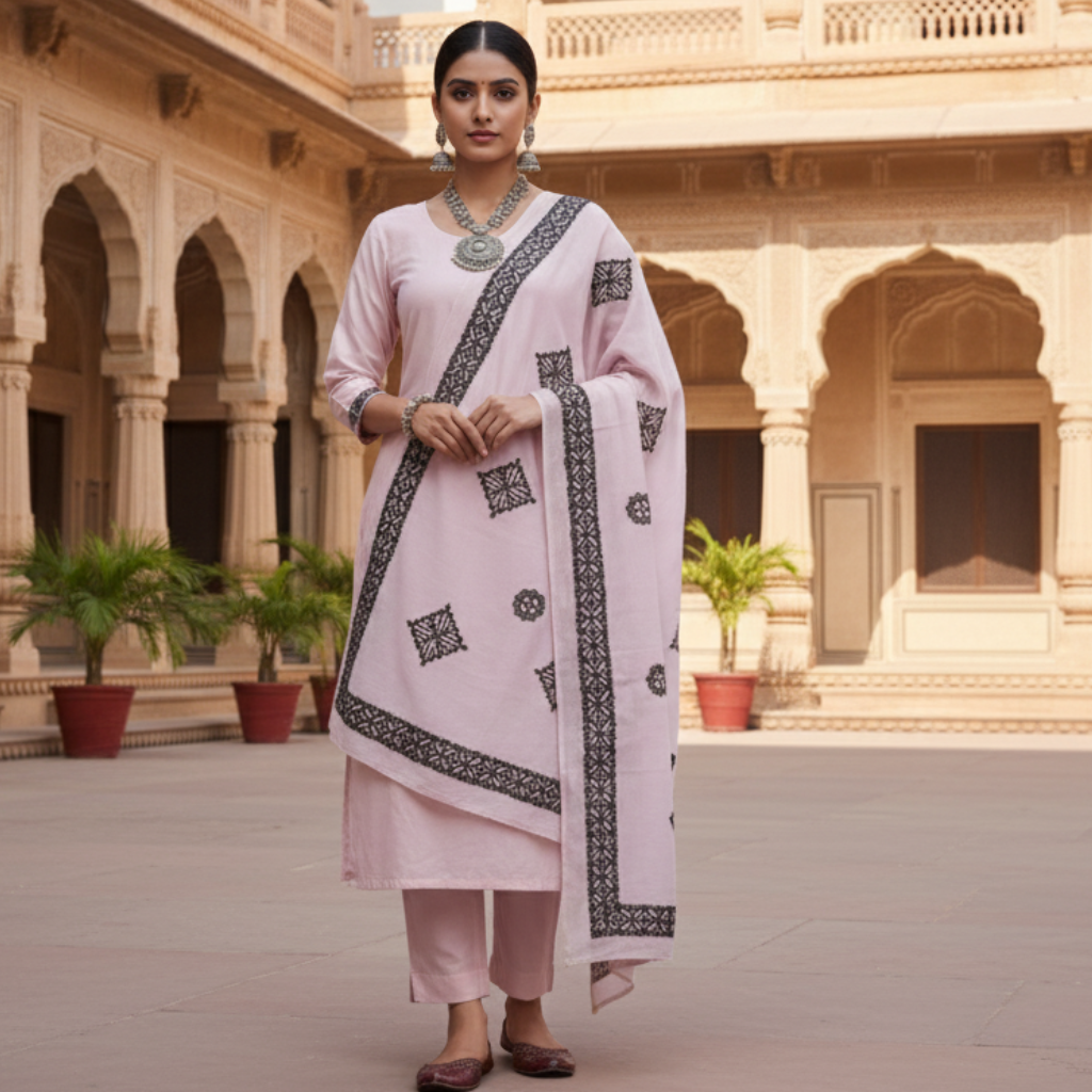 Woman in a traditional lavender outfit with applique patterns on dupatta standing in an architectural setting.