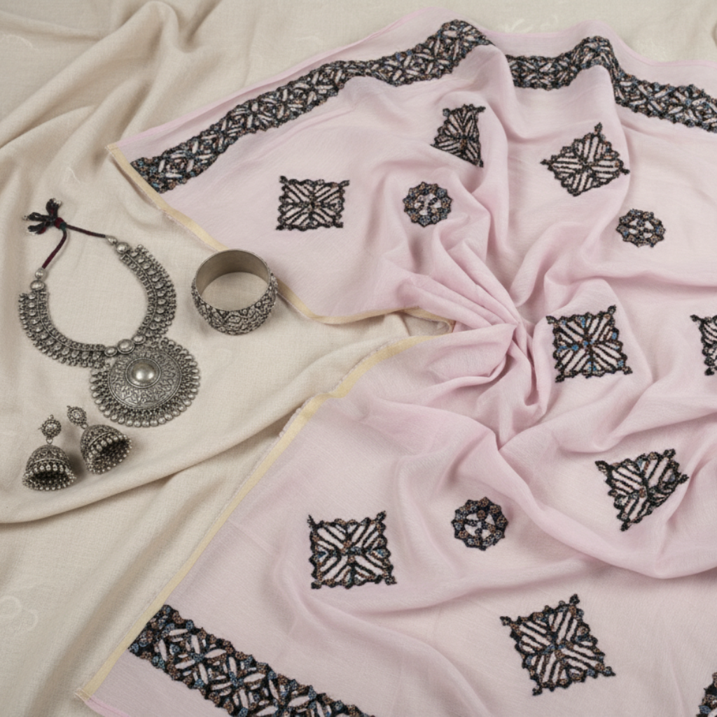 lavender purple fabric with patchwork and silver jewelry on a beige background