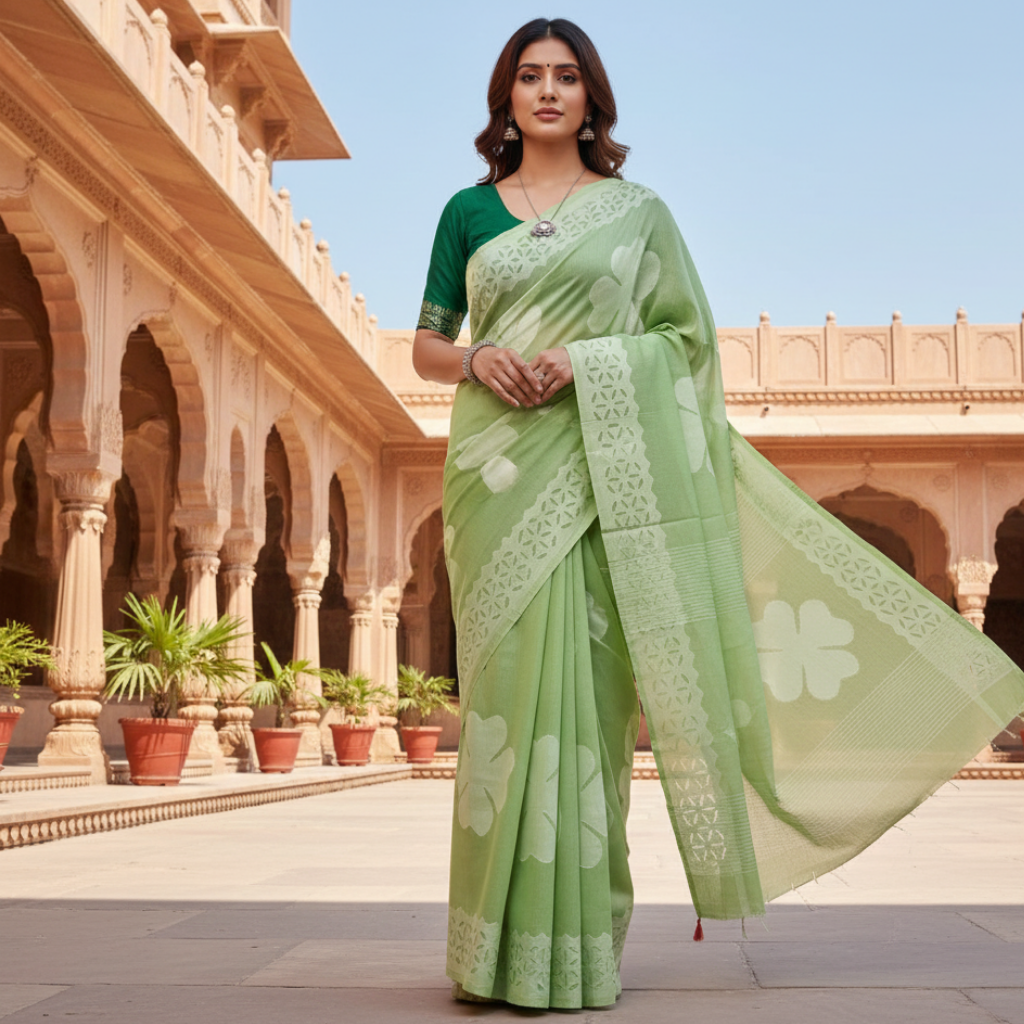 Leafy Grace Pastel Green Saree with Applique Cutwork