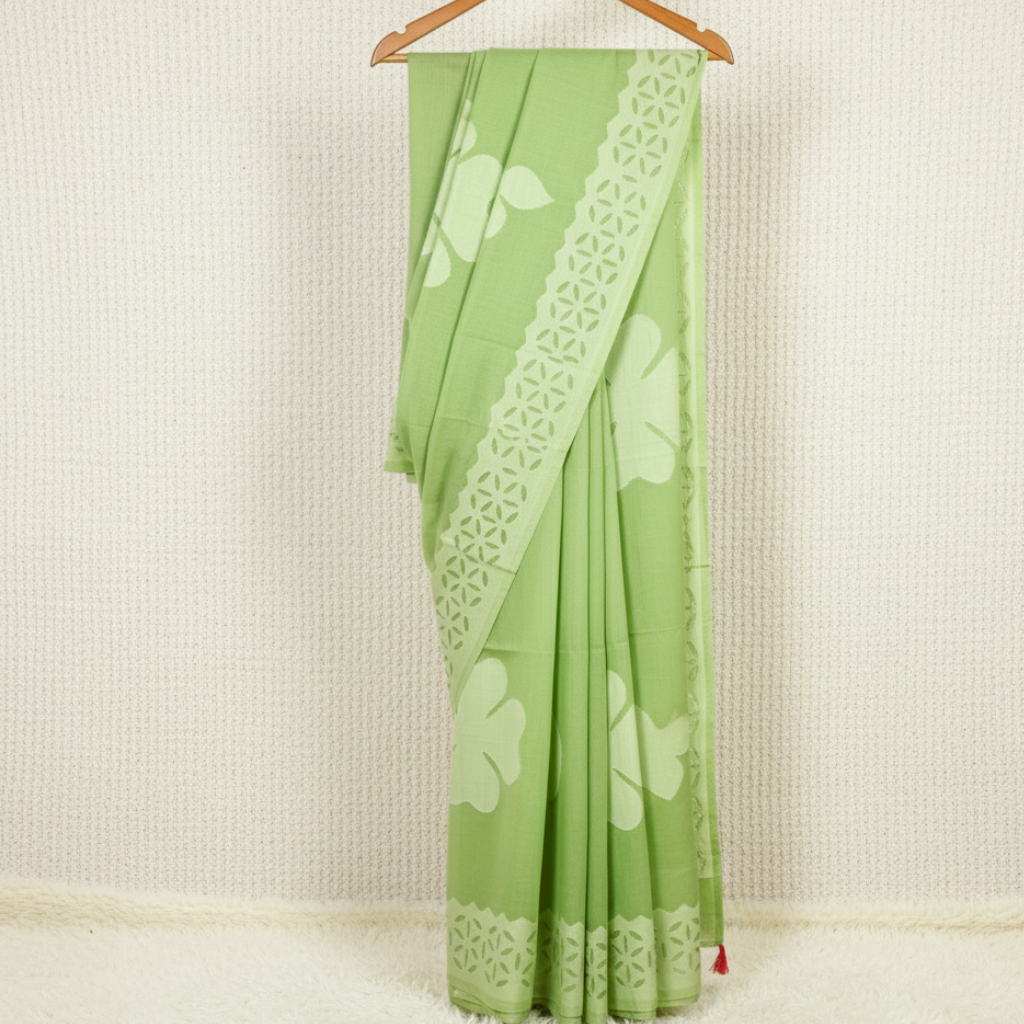 Leafy Grace Pastel Green Saree with Applique Cutwork