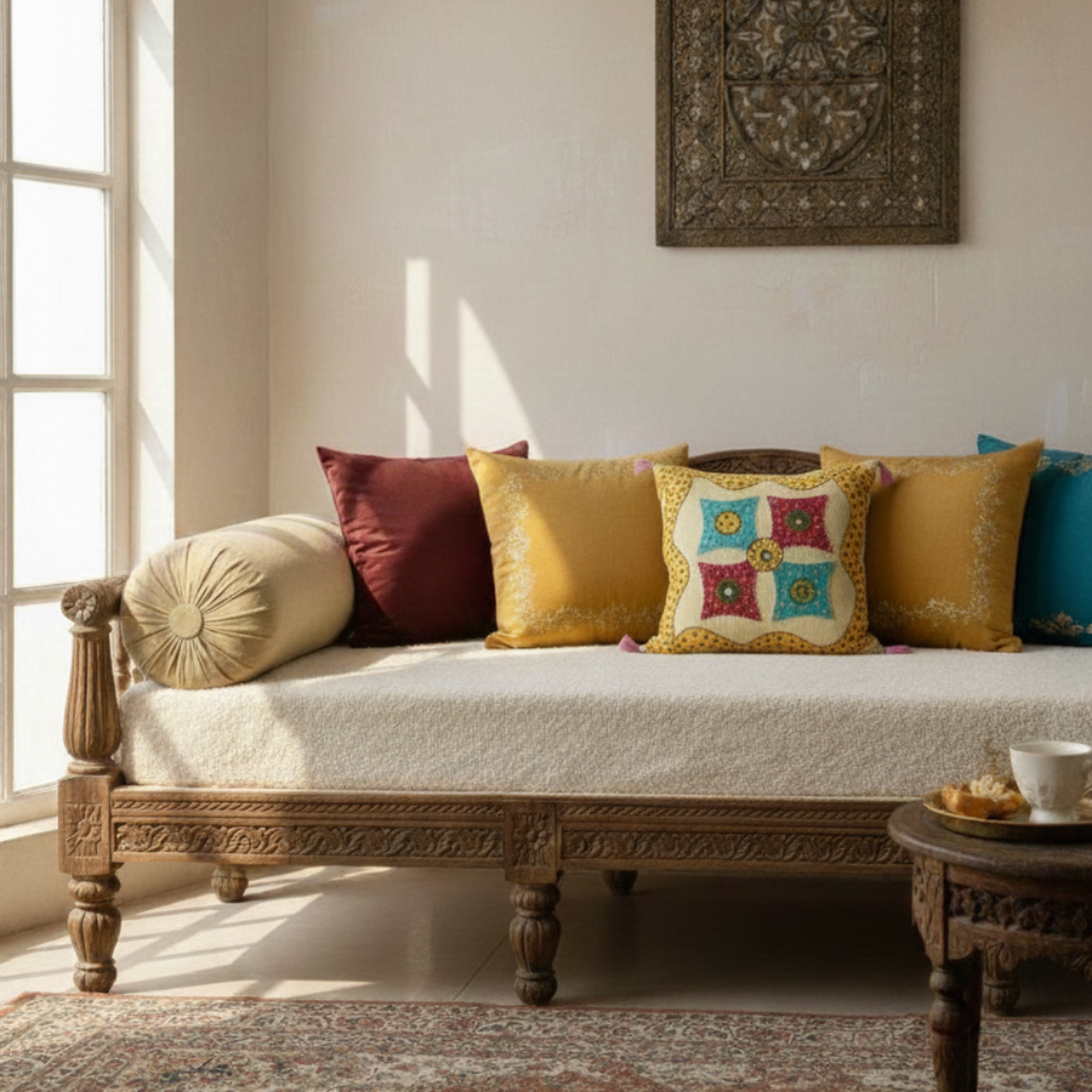 Decorative sofa with colorful applique cushion cover in a sunlit room