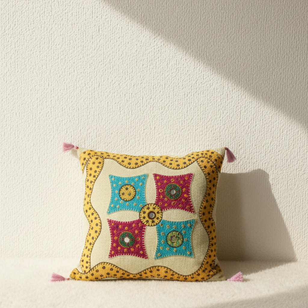 Decorative applique cushion cover with colorful patterns on a white background