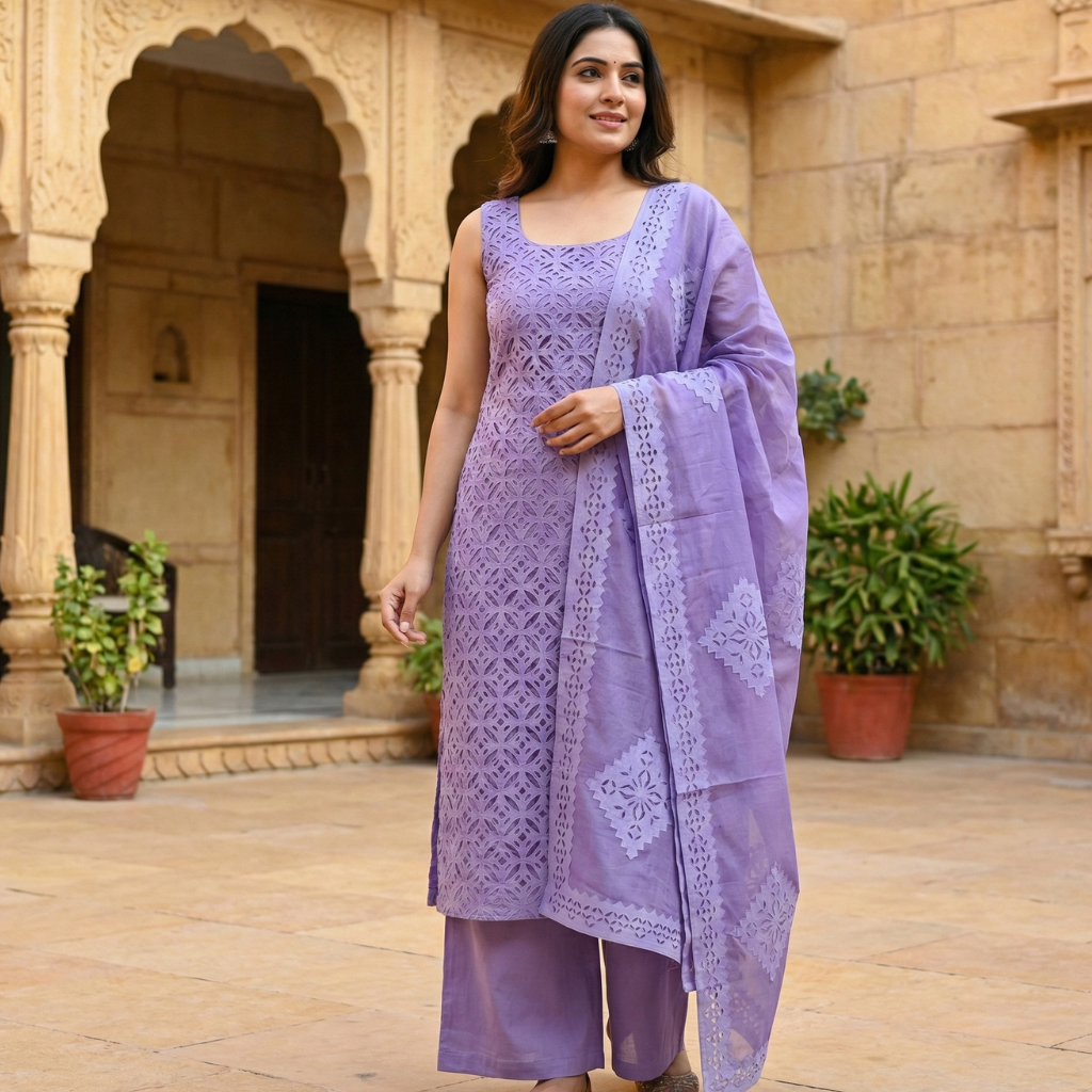 Woman wearing a purple applique cutwork outfit standing in front of a stone building.