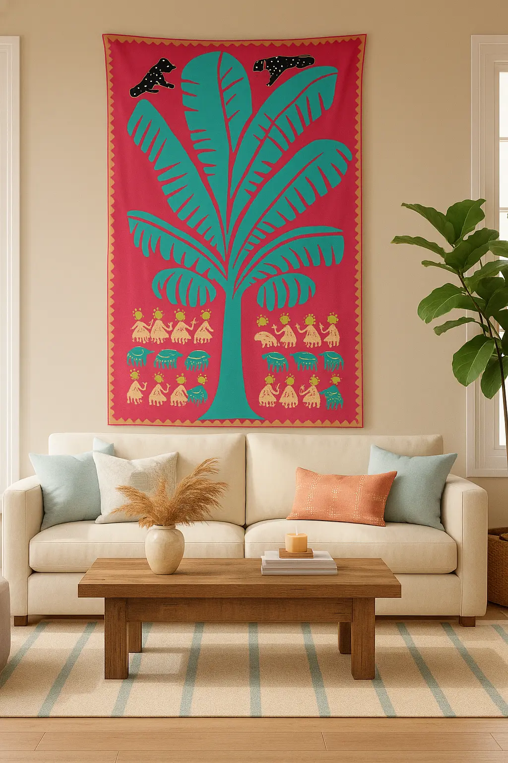 Living room with a colorful tapestry on the wall, beige sofa, wooden coffee table, and plant.