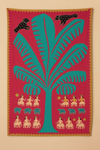 Decorative tapestry with a large turquoise tree, small figures, and animals on a pink background.