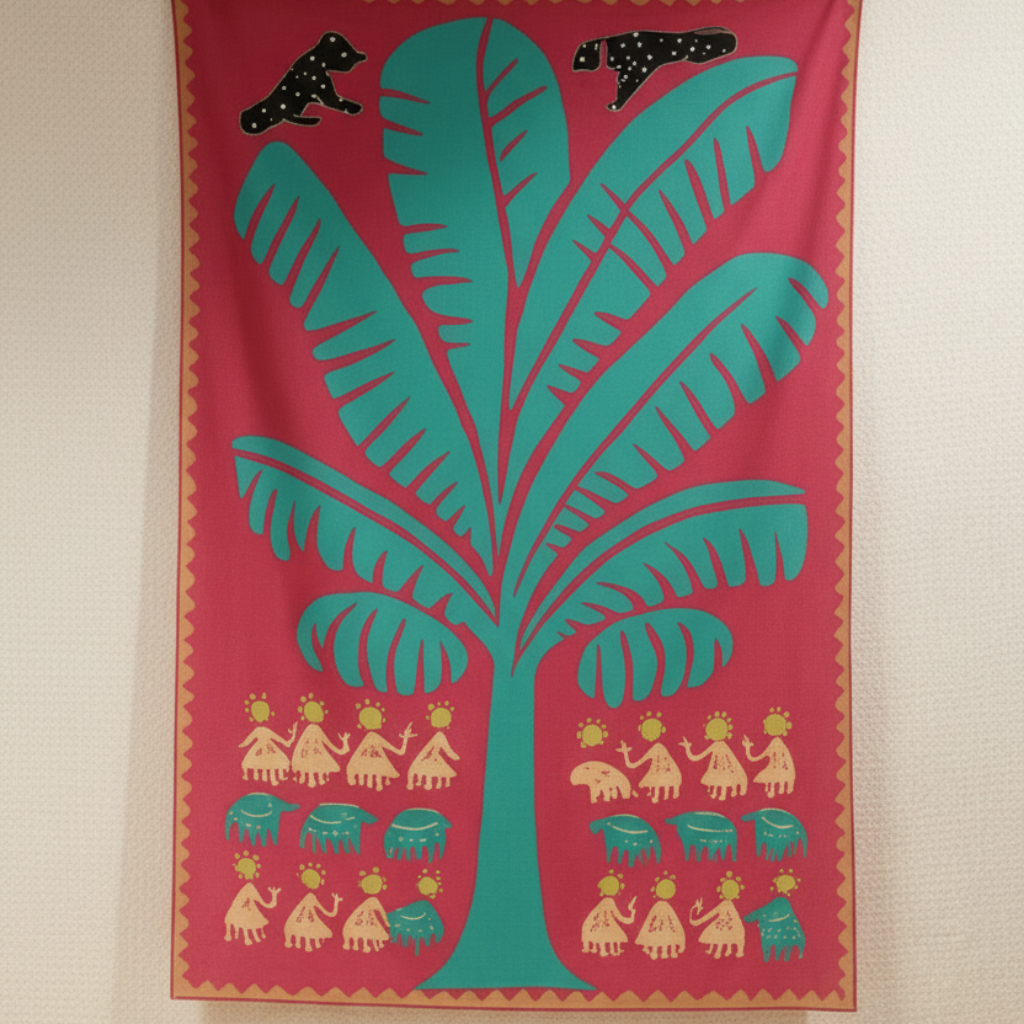 Decorative fabric with a large green leaf design on a red background, featuring small figures and animals.