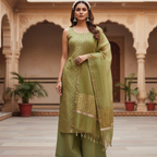 Woman in a green traditional outfit standing in an architectural setting