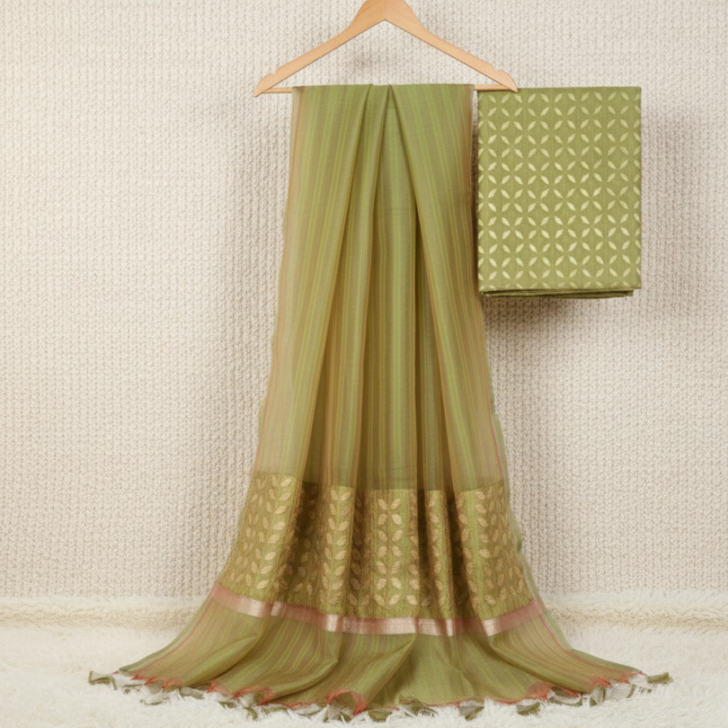 Green fabrics  on a beige background