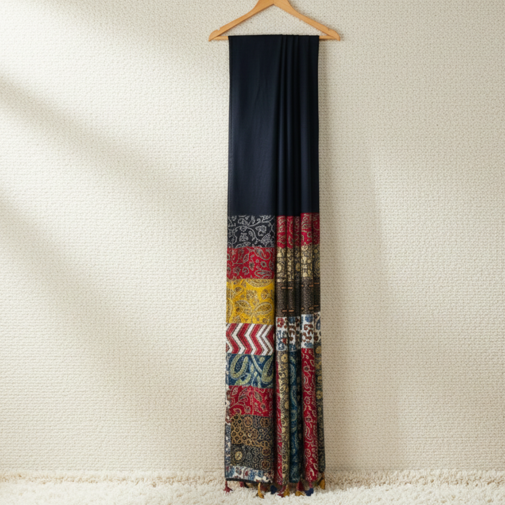 Long, patterned saree with a wooden hanger on a textured beige background