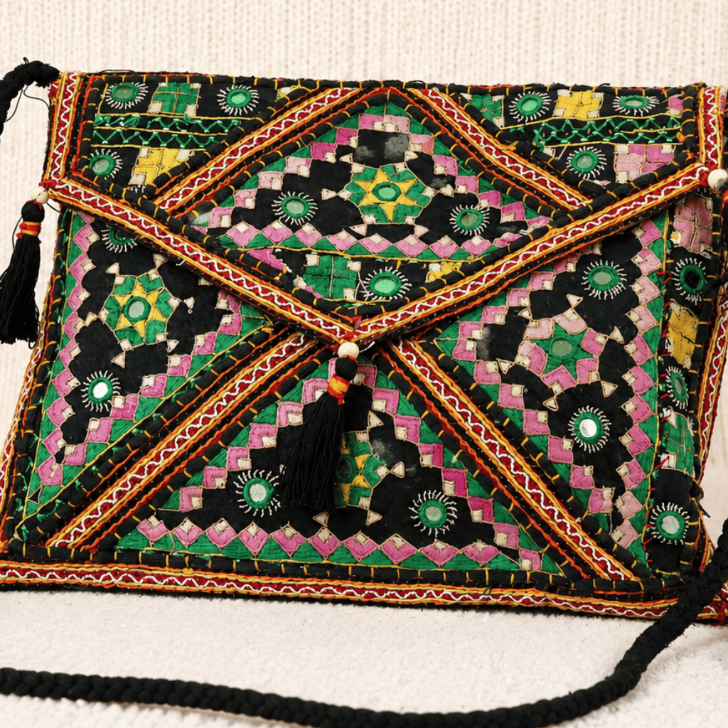 close up of Midnight Craft Black Embroidered Rajasthani Sling Bag