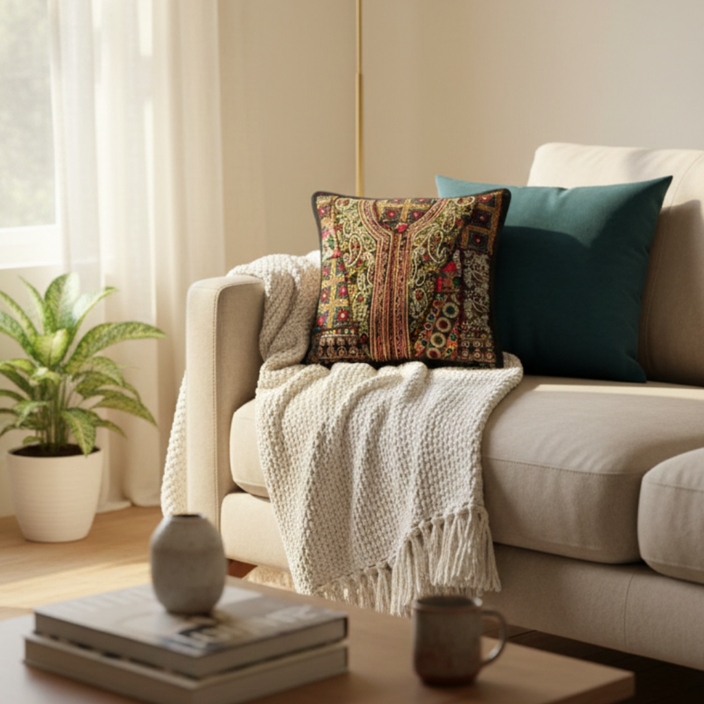Beige sofa with decorative embroidery cushion cover and a blanket in a living room setting