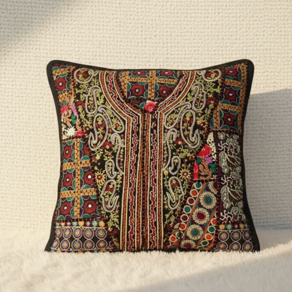 Decorative embroidery cushion cover with intricate patterns on a light background