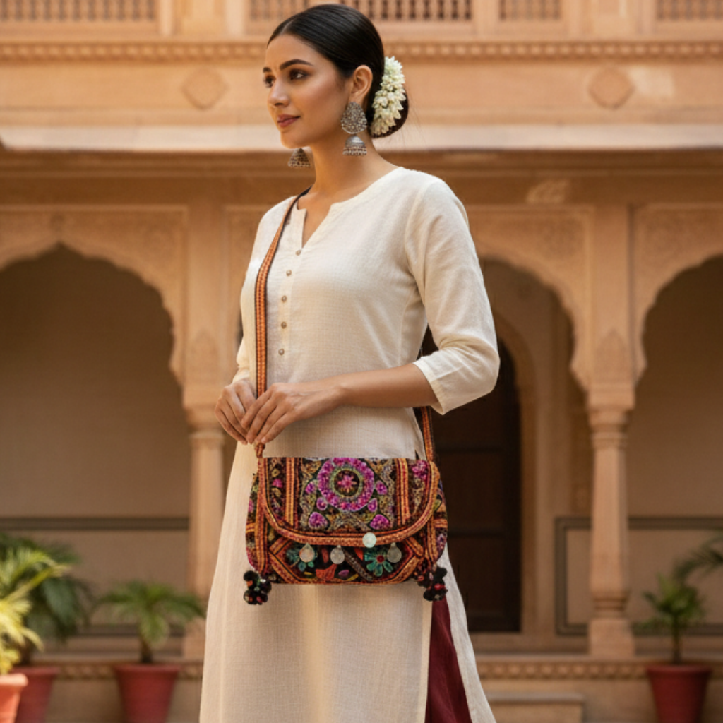 Woman holding a colorful embroidered handbag in an architectural setting