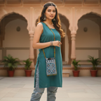 Woman in teal dress with patterned bag standing in a courtyard with arches and plants.
