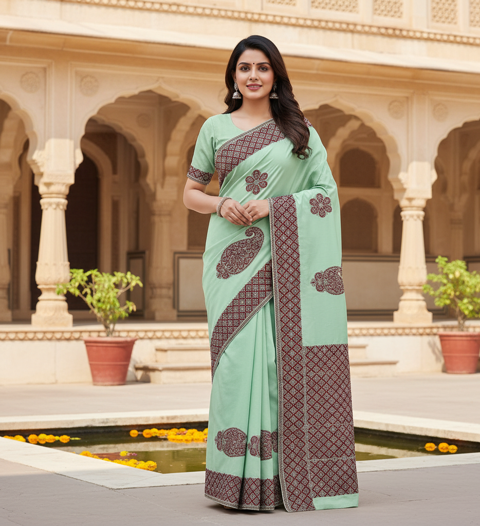 Woman in a light green saree with brown patterns standing in front of an architectural background.
