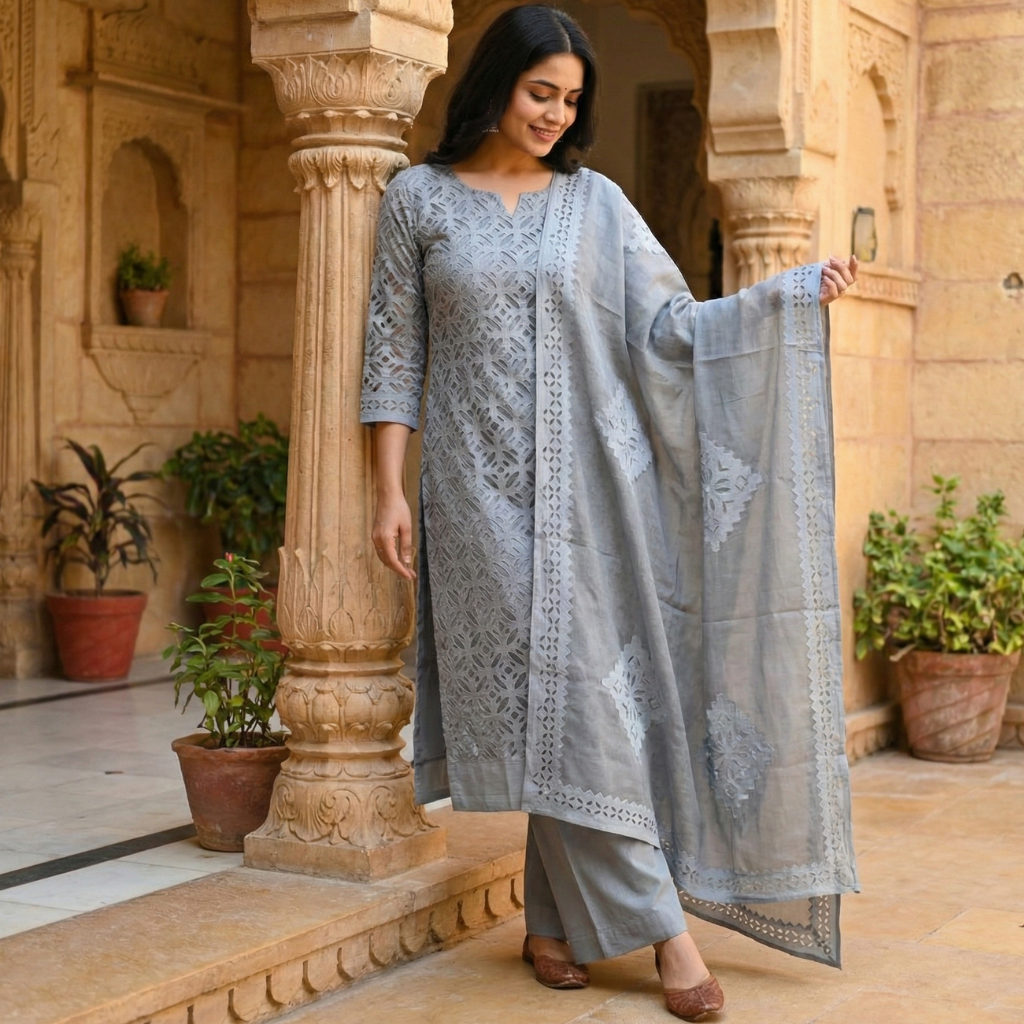 Misty Grey Elegance Applique Cutwork Unstitched 3 Piece Suit Set