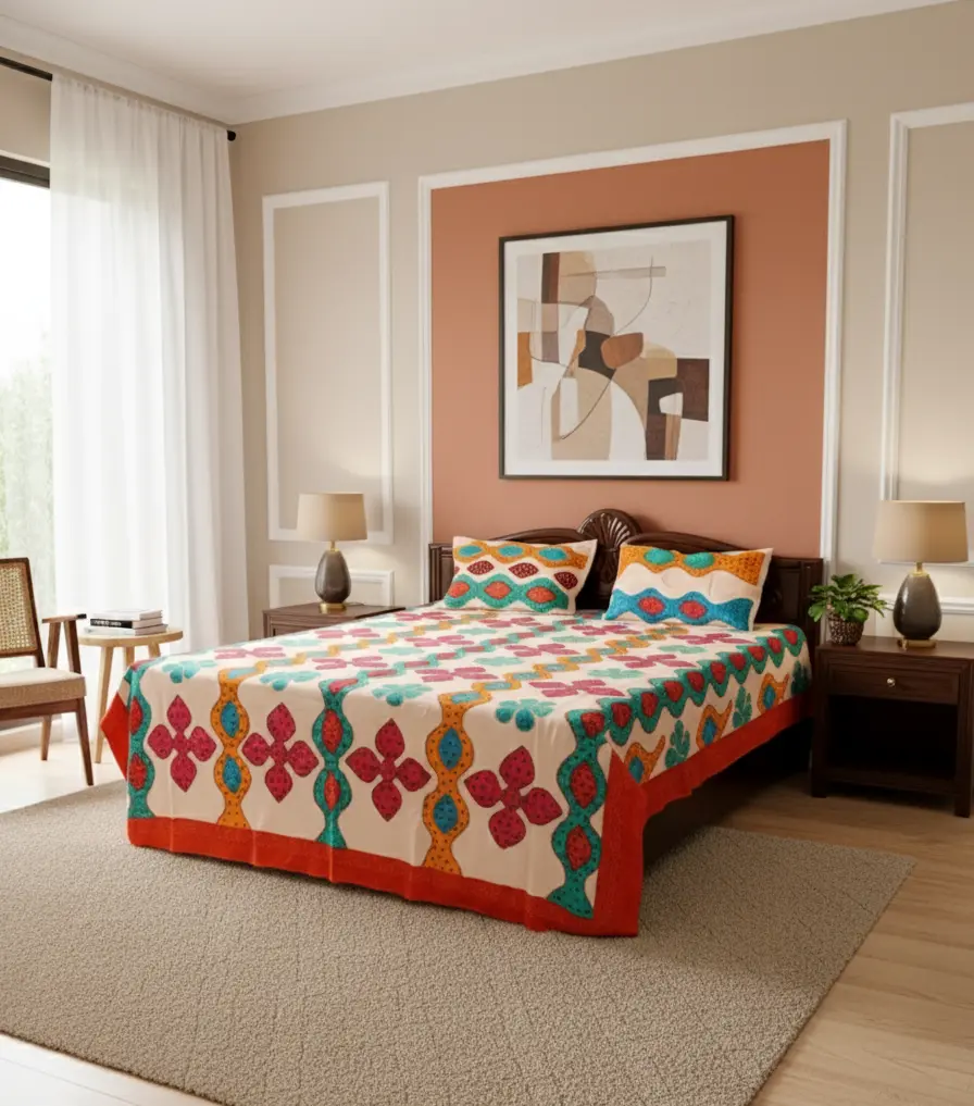 Bedroom with a colorful quilt on a bed, framed artwork on the wall, and side tables.