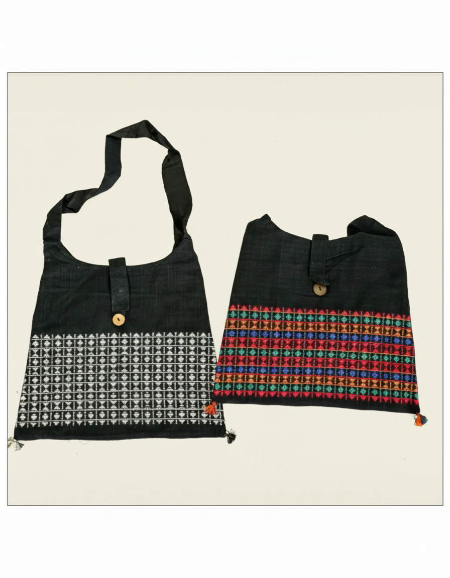 Two black bags with patterned sections on a beige background