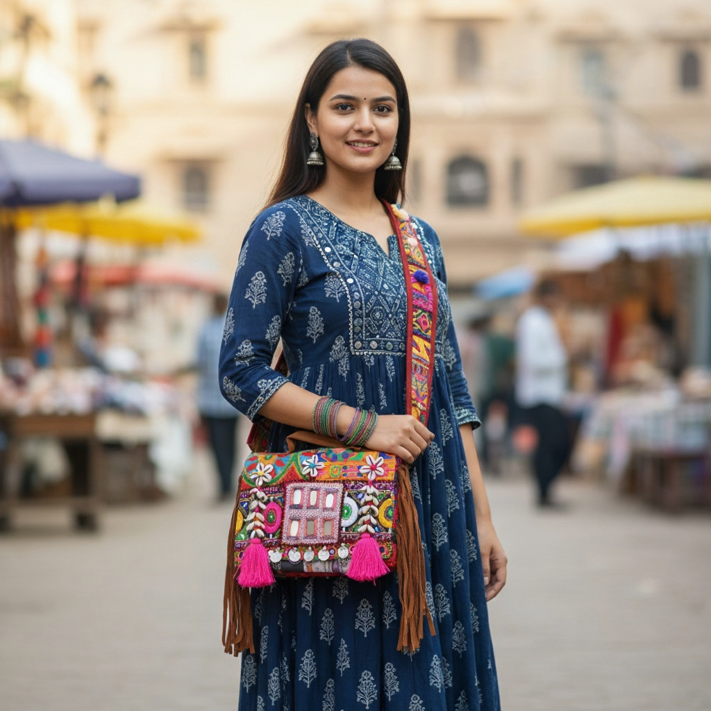 Woman in a blue dress holding a colorful handbag in an outdoor setting