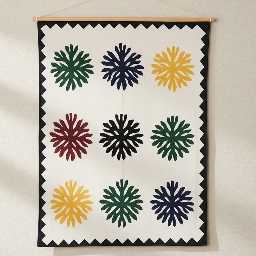 Quilt with geometric pattern of colorful shapes on a white background