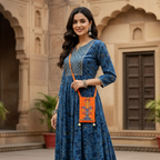Woman in a blue traditional outfit with an orange bag standing in front of architectural background