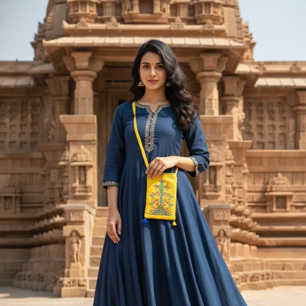 Woman in a blue dress holding a yellow bag in front of an ancient temple.