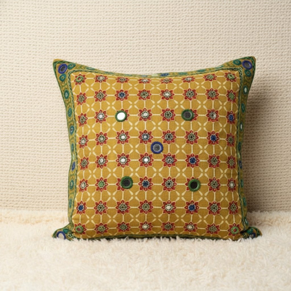 Mustard Yellow Hand Embroidered Floral Cushion Cover