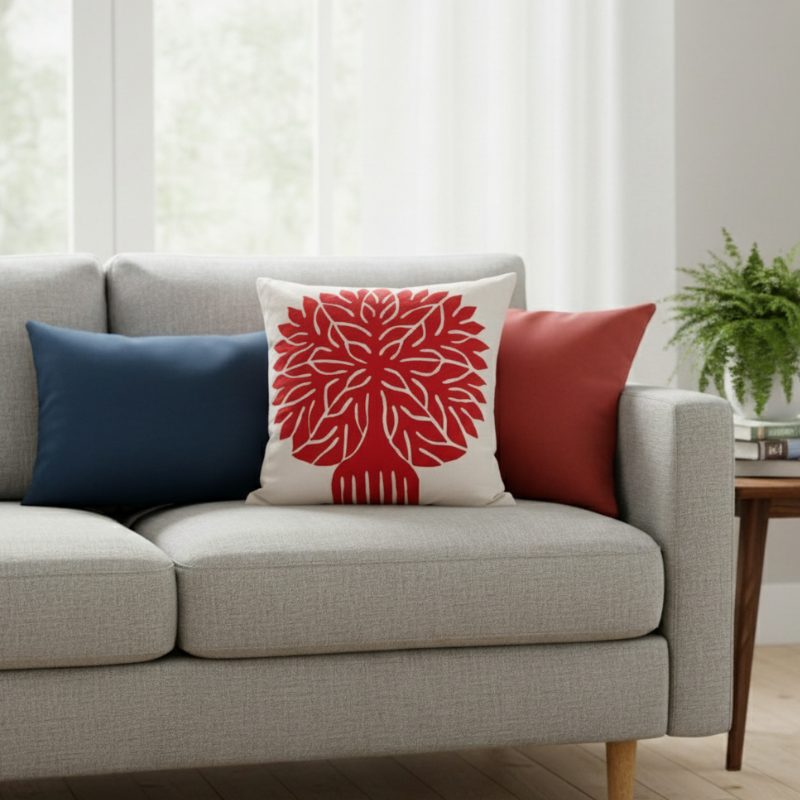 red tree applique work on white cushion cover laced on a sofa in a room setting