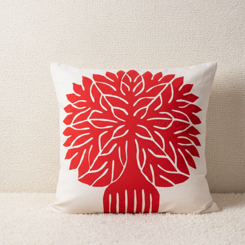 red applique tree on white base cushion cover
