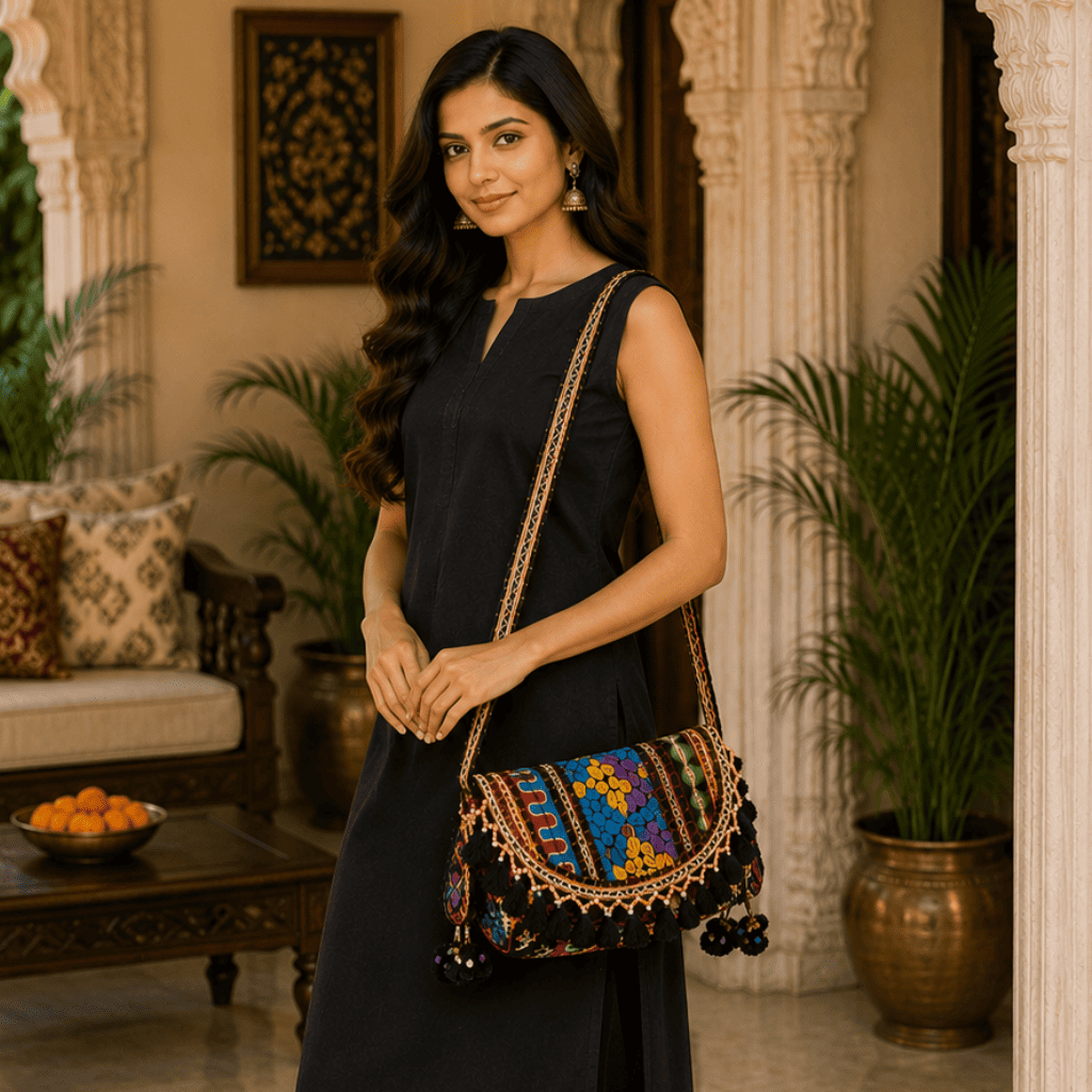 a woman in a black kurta holding a black Nomad Banjara Embroidered Sling Purse