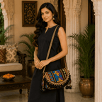 a woman in a black kurta holding a black Nomad Banjara Embroidered Sling Purse
