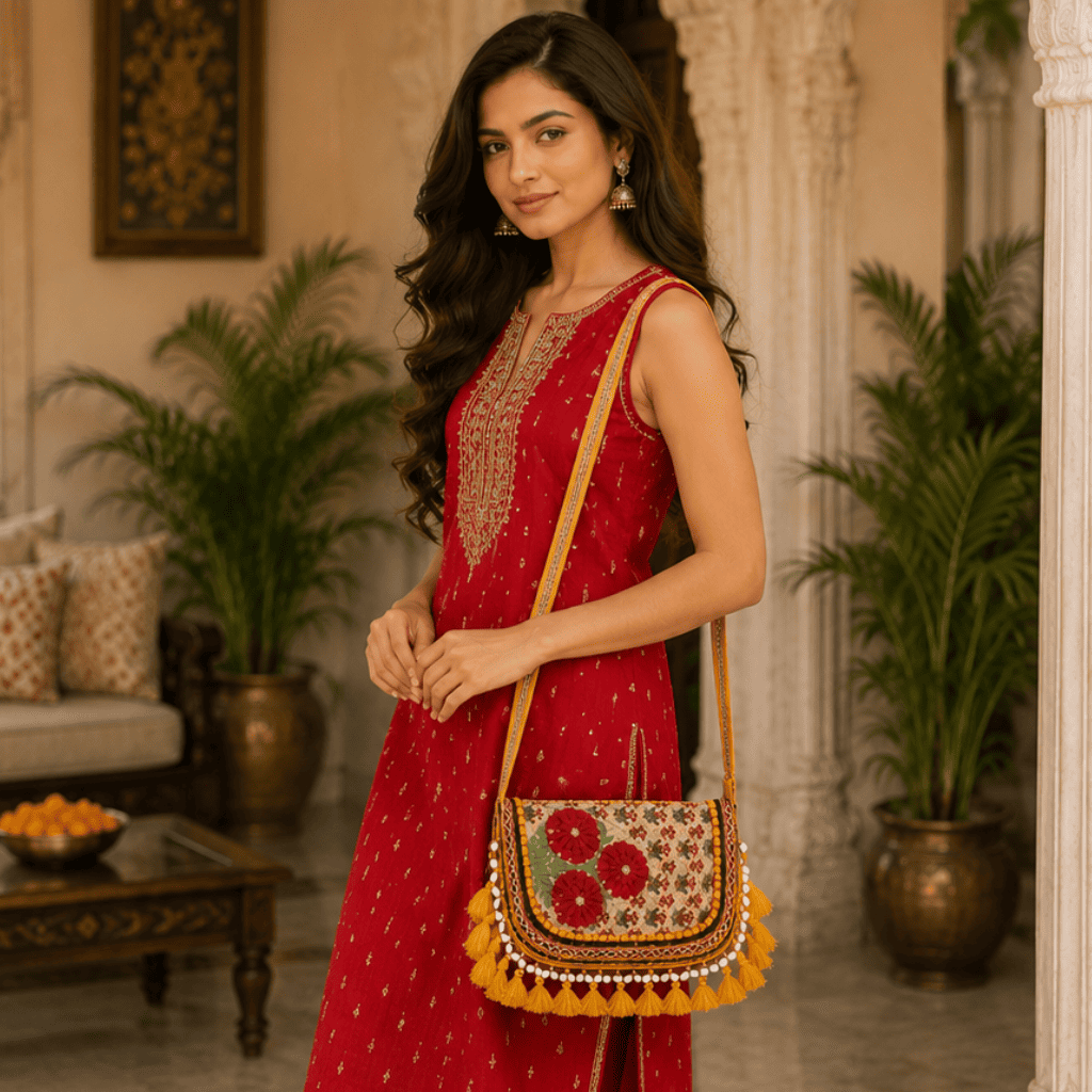 a woman in ared kurta set holding a yellow Nomad Banjara Embroidered Sling Purse